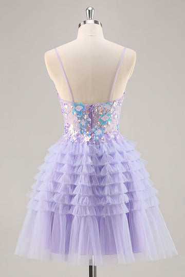 Sparkly Purple Floral Tiered Ruffled Short Corset Cocktail Dress